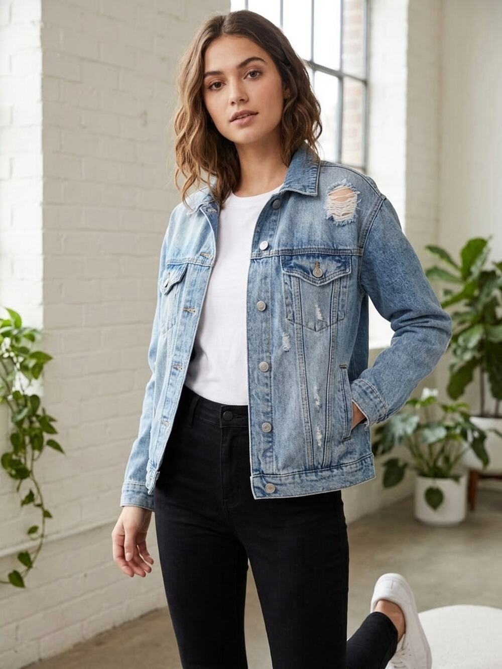 Wild Fable Distressed Denim Trucker Jacket Size S Blue Jean Light Wash Grunge Y2